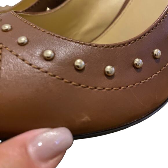 Coach (Style Q1293) Billee Golden Studded Peep Toe 4" Heels Size 9B in Brown - Picture 6 of 15